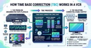 Why a Time Base Corrector matters for analog video capture Why a time base corrector matters — the rolling, tearing VHS picture a TBC stabilises