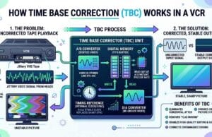 Why a Time Base Corrector matters for analog video capture Why a time base corrector matters — the rolling, tearing VHS picture a TBC stabilises