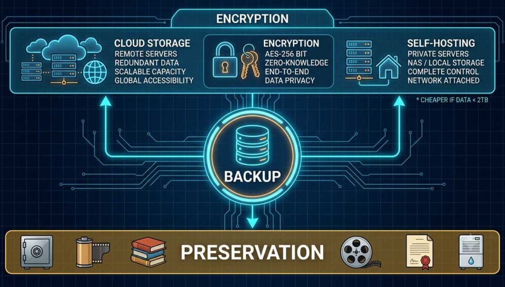 Off-site backup options for a family archive: cloud storage, encryption and self-hosting feeding a central backup, above a preservation layer.