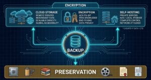 Your off-site backup: the options, and what it really costs Off-site backup options for a family archive: cloud storage, encryption and self-hosting feeding a central backup, above a preservation layer.