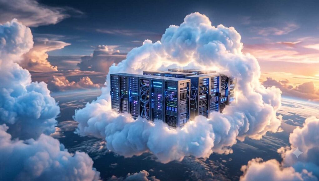 Cloud backup for photos and a family archive, shown as data syncing to the cloud