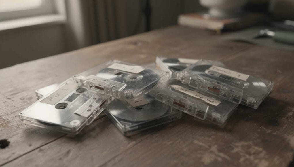 Are cassette tapes worth anything — several compact audio cassettes fanned out on a wooden table.