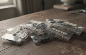 Are Cassette Tapes Worth Anything? Are cassette tapes worth anything — several compact audio cassettes fanned out on a wooden table.