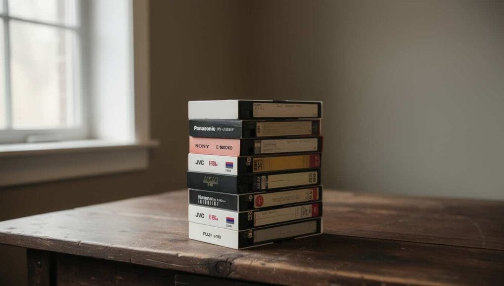 Are old vhs tapes worth anything — a stack of old VHS cassettes on a wooden table by a window.