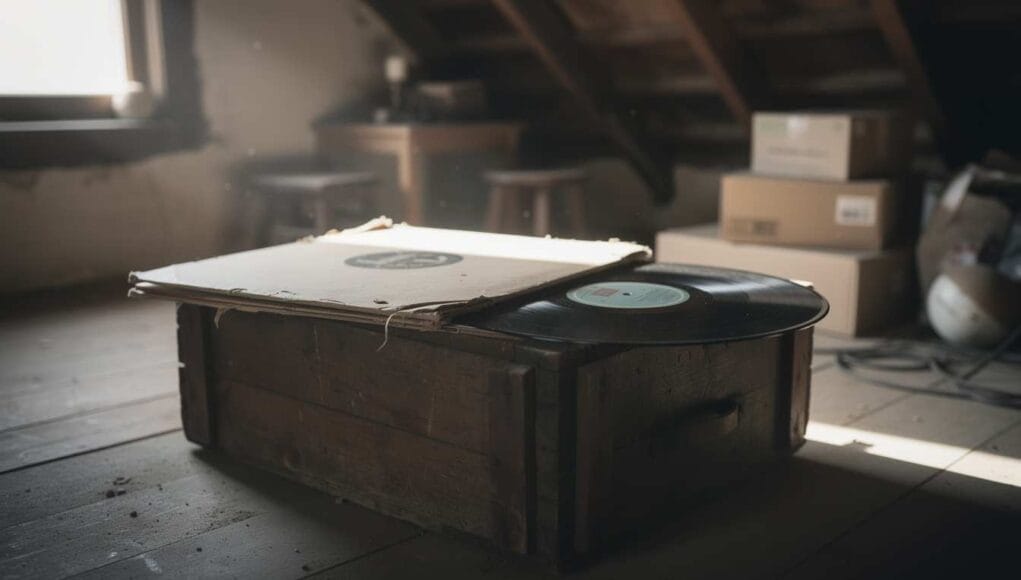 Are vinyl records worth anything — an old vinyl LP record and its sleeve resting on a wooden crate in a dusty attic.