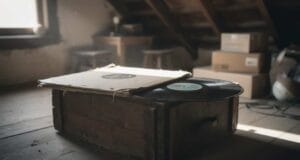 Are Vinyl Records Worth Anything? Are vinyl records worth anything — an old vinyl LP record and its sleeve resting on a wooden crate in a dusty attic.