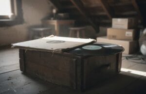 Are Vinyl Records Worth Anything? Are vinyl records worth anything — an old vinyl LP record and its sleeve resting on a wooden crate in a dusty attic.