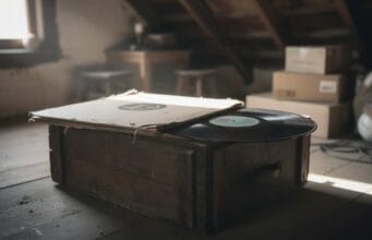 Are Vinyl Records Worth Anything? Are vinyl records worth anything — an old vinyl LP record and its sleeve resting on a wooden crate in a dusty attic.
