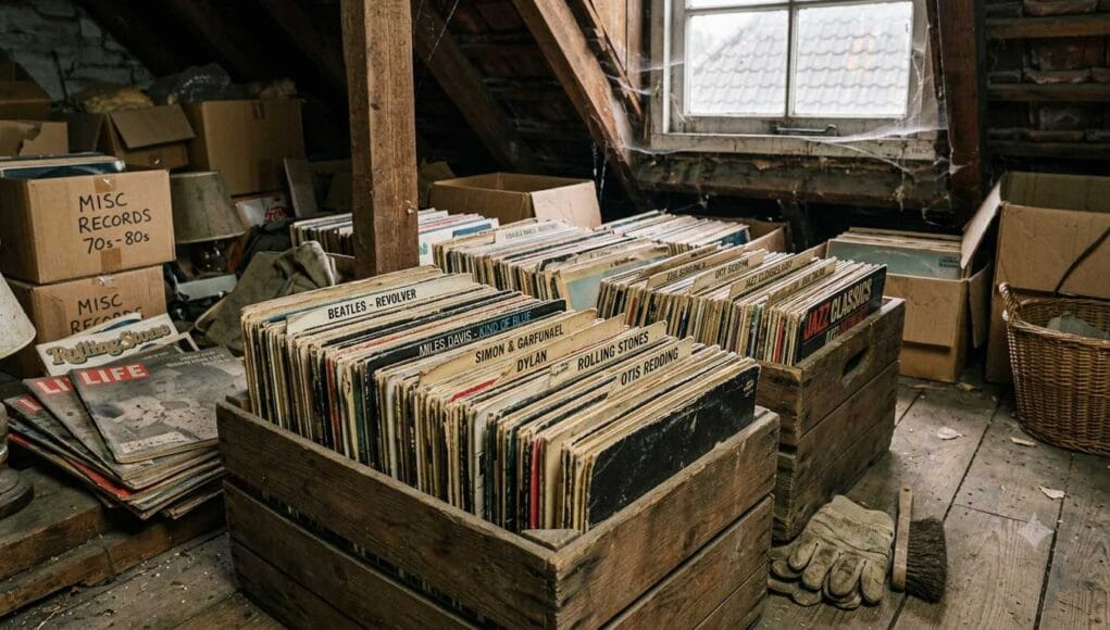 Are vinyl records worth anything - old vinyl collection in an attic Are vinyl records worth anything: crates of old vinyl LPs by the Beatles, Miles Davis and the Rolling Stones stored in a dusty attic.