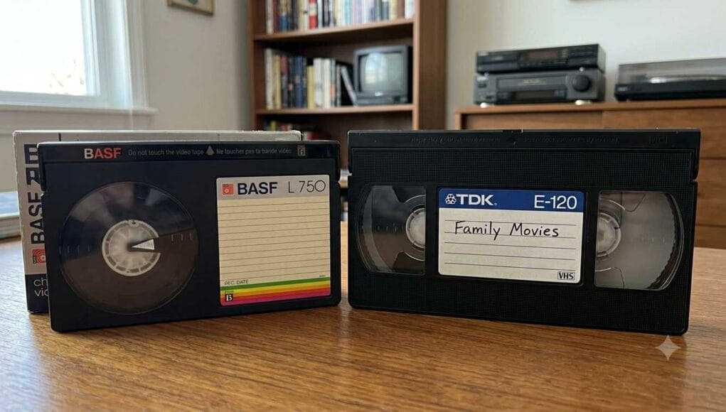 Betamax vs VHS - a Betamax cassette beside a VHS tape Betamax vs VHS: a BASF Betamax cassette beside a TDK VHS tape labelled Family Movies.