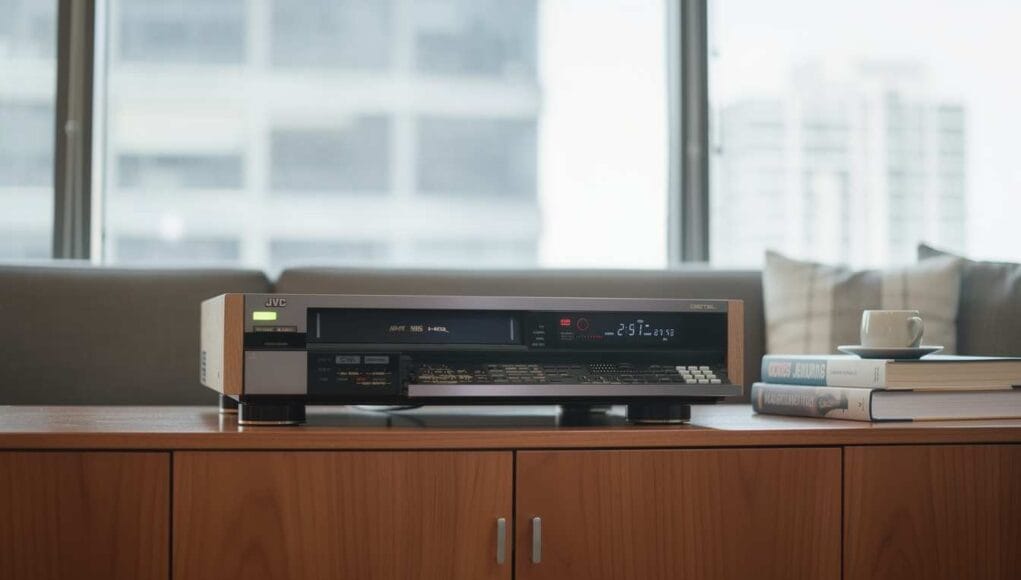 Can you still buy a VCR? A JVC VHS video cassette recorder on a media cabinet in a modern living room.