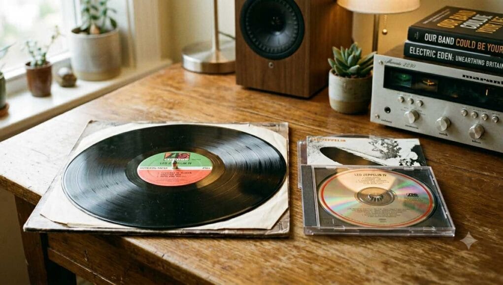 Does vinyl sound better than digital - vinyl LP beside CD Does vinyl sound better than digital: a Led Zeppelin vinyl LP beside the same album on CD, next to a hi-fi amplifier.