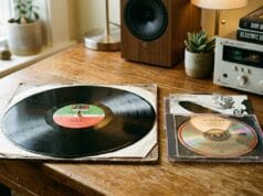 Does Vinyl Sound Better Than Digital? Does vinyl sound better than digital: a Led Zeppelin vinyl LP beside the same album on CD, next to a hi-fi amplifier.