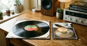 Does Vinyl Sound Better Than Digital? Does vinyl sound better than digital: a Led Zeppelin vinyl LP beside the same album on CD, next to a hi-fi amplifier.