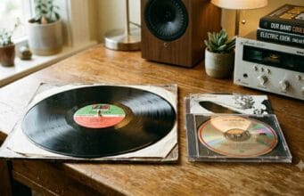 Does Vinyl Sound Better Than Digital? Does vinyl sound better than digital: a Led Zeppelin vinyl LP beside the same album on CD, next to a hi-fi amplifier.