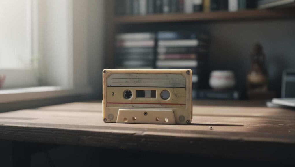 How long do cassette tapes last? A worn compact audio cassette tape resting on a wooden desk in a quiet home archive.