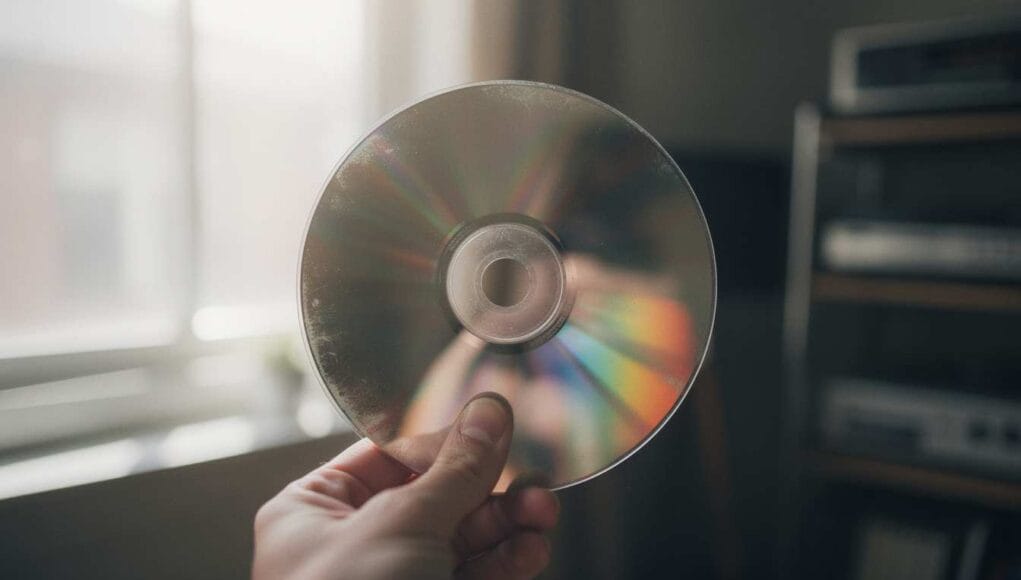 How long do dvds last — an optical disc held to the light showing rainbow reflections and early disc rot.