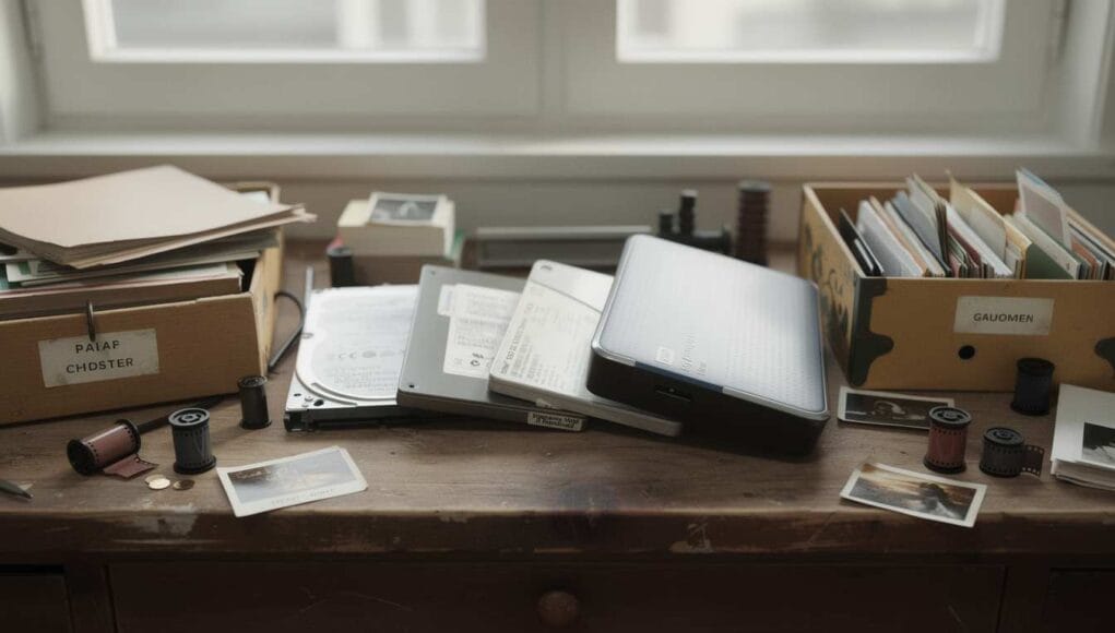 How long do SSDs last? Real hard drives and solid-state drives (Seagate, Intel SSD, WD My Passport) on a desk in a home archive.