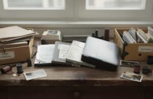 How Long Do Hard Drives and SSDs Last? How long do SSDs last? Real hard drives and solid-state drives (Seagate, Intel SSD, WD My Passport) on a desk in a home archive.