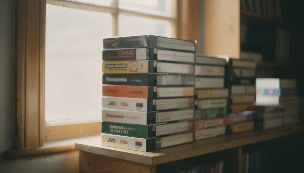 How long do VHS tapes last? A collection of old VHS videocassette tapes stacked on a shelf by a window.