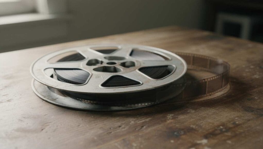 How long does film last — an 8mm cine film reel with a strip of film unspooled on a wooden table.