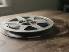 How Long Does Film Last? How long does film last — an 8mm cine film reel with a strip of film unspooled on a wooden table.
