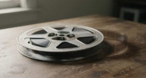 How Long Does Film Last? How long does film last — an 8mm cine film reel with a strip of film unspooled on a wooden table.