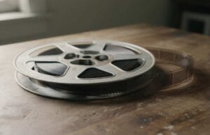 How Long Does Film Last? How long does film last — an 8mm cine film reel with a strip of film unspooled on a wooden table.