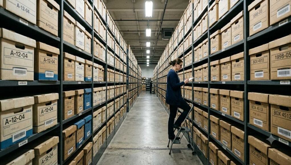 How long does old media last — an archivist cataloguing boxed records on the shelves of a climate-controlled archive store.