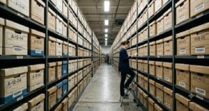 How long does old media last? VHS, cassettes, film, MiniDV and discs How long does old media last — an archivist cataloguing boxed records on the shelves of a climate-controlled archive store.