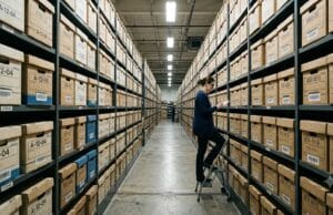 How long does old media last? VHS, cassettes, film, MiniDV and discs How long does old media last — an archivist cataloguing boxed records on the shelves of a climate-controlled archive store.