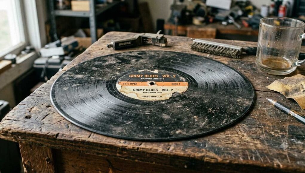 How to clean vinyl records - dirty record on a workbench How to clean vinyl records: a dirty, dusty vinyl record on a workbench beside a cleaning brush.