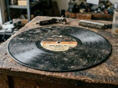 How to Clean Vinyl Records How to clean vinyl records: a dirty, dusty vinyl record on a workbench beside a cleaning brush.