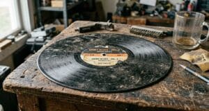 How to Clean Vinyl Records How to clean vinyl records: a dirty, dusty vinyl record on a workbench beside a cleaning brush.