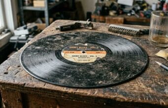 How to Clean Vinyl Records How to clean vinyl records: a dirty, dusty vinyl record on a workbench beside a cleaning brush.