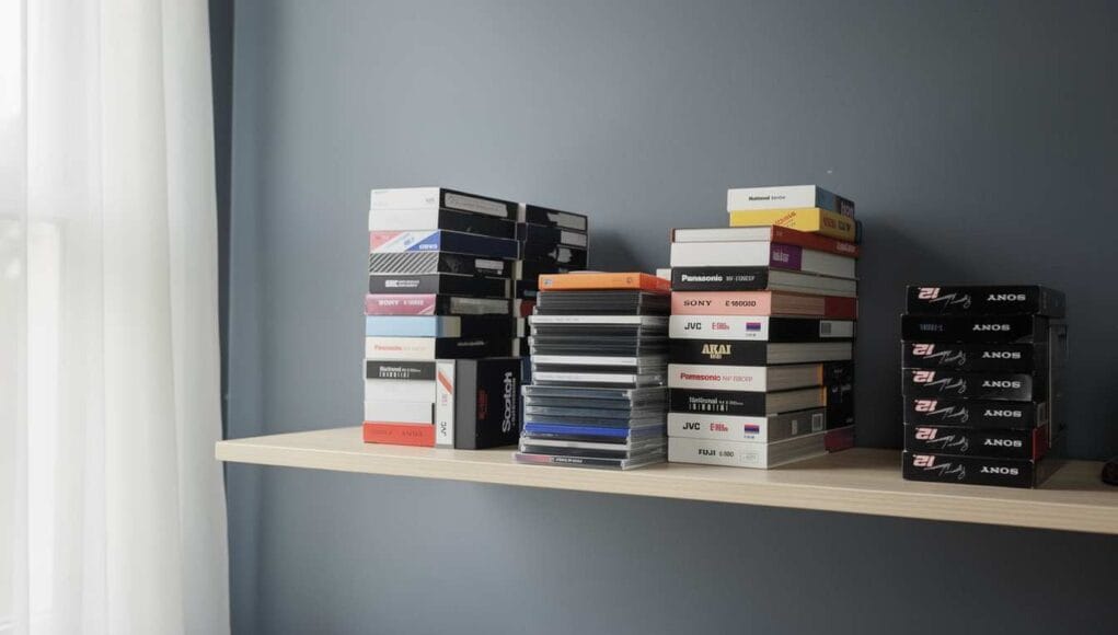 How to store vhs tapes — a row of VHS cassettes stored upright on a shelf in a cool, dry r How to store vhs tapes — a row of VHS cassettes stored upright on a shelf in a cool, dry room.