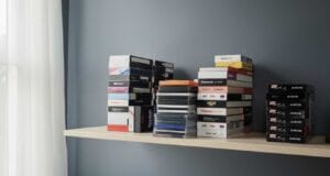 How to Store VHS Tapes How to store vhs tapes — a row of VHS cassettes stored upright on a shelf in a cool, dry room.