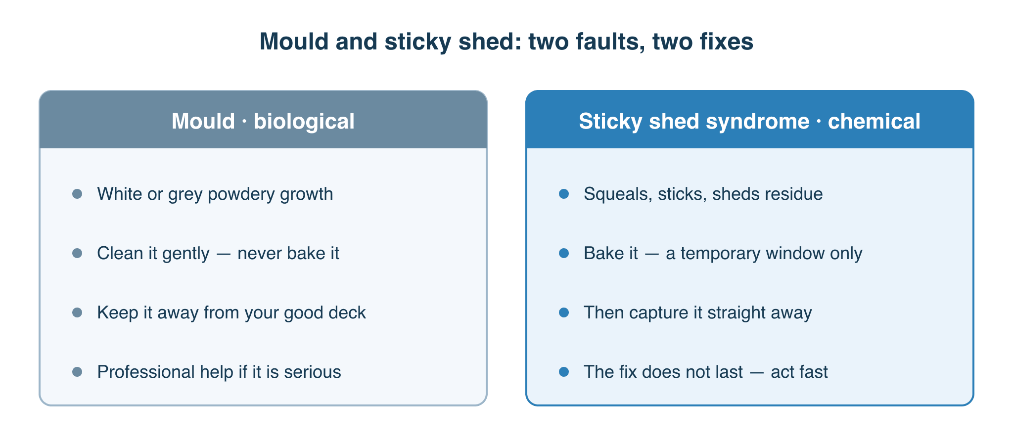 Mould versus sticky shed syndrome: how to tell the two tape faults apart and treat each