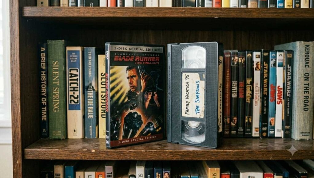 VHS vs DVD: a DVD case beside a home-recorded VHS tape on a bookshelf.