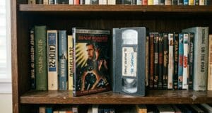 VHS vs DVD VHS vs DVD: a DVD case beside a home-recorded VHS tape on a bookshelf.