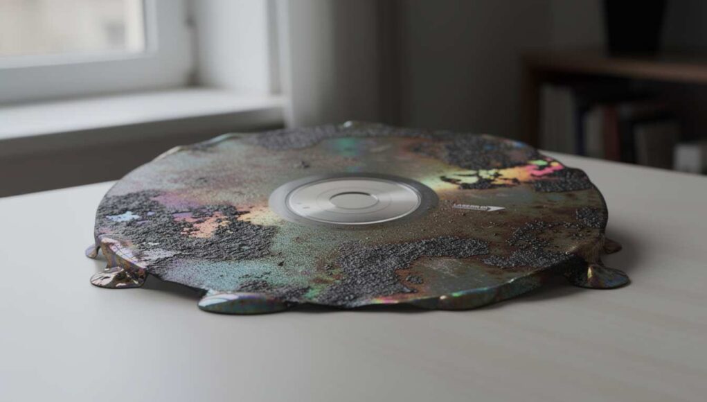 LaserDisc laser rot shown as a dramatic artist's impression of the disc corroding and melting