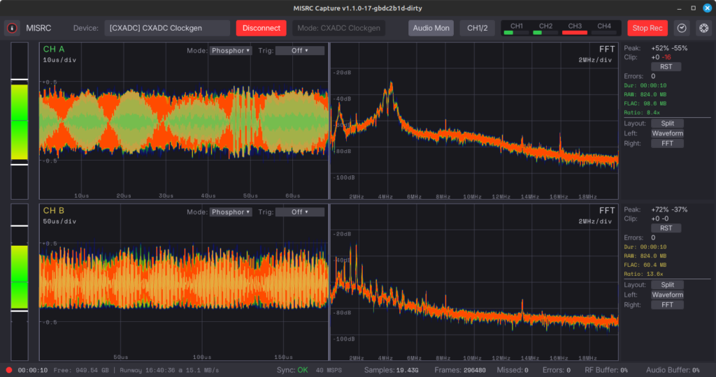 MISRC GUI showing a unified vhs-decode RF capture workflow for CXADC, DdD and HSDAOH devices